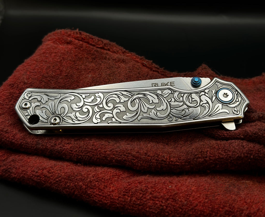 Engraved RUIKE Folding Knife – Custom Scrollwork Pocket Knife – Stainless Steel EDC Knife – Personalized Gift for Him